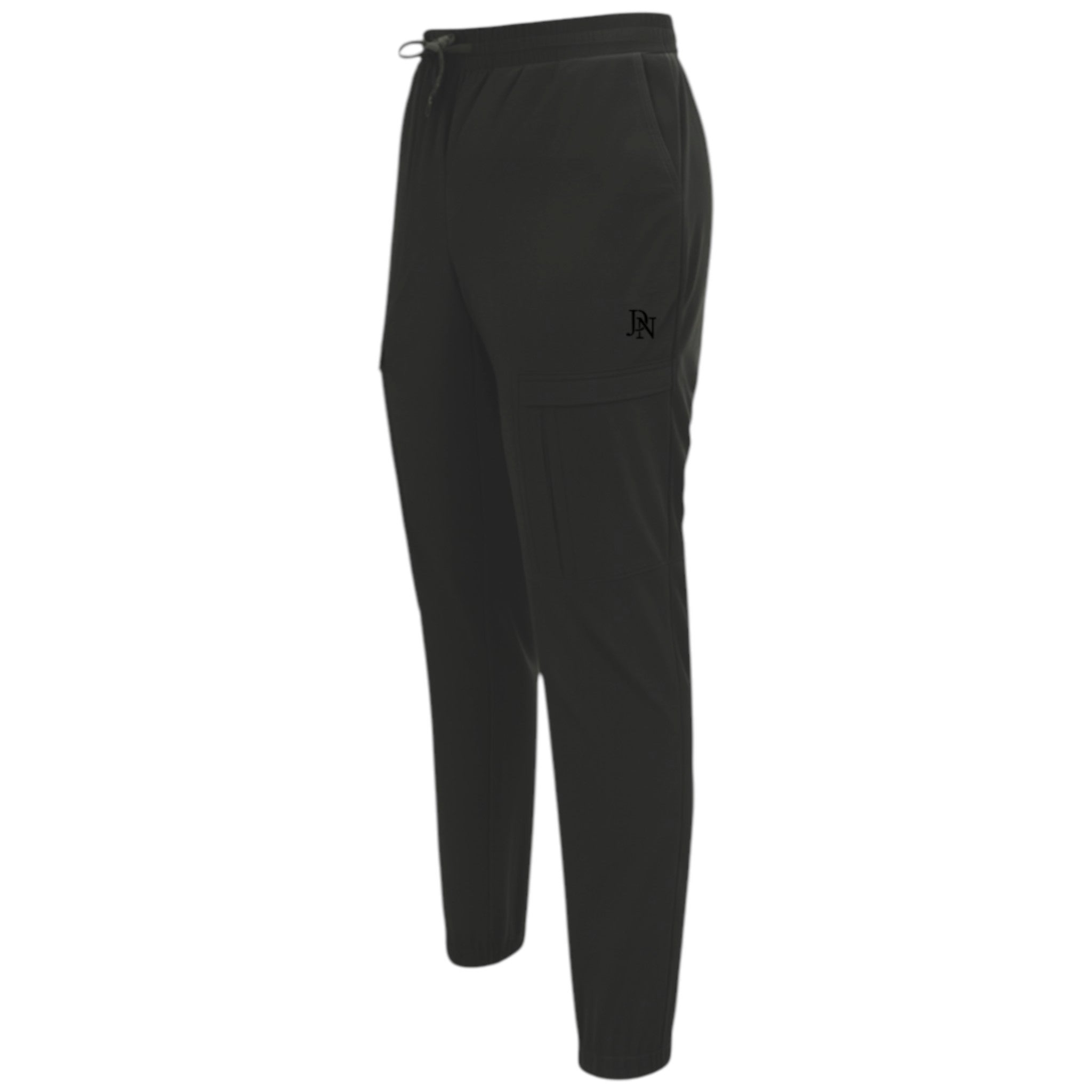 Men's slim fit black cargo trousers with side zip pocket, cuffed ankles, and elastic waistband